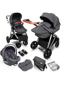 BABYGO , Kombi-Kinderwagen »Halime AIR 3in1«, mit Luftreifen, inkl. Babywanne, Babyschale, Regenhaube & Wickeltasche , Grey Silver