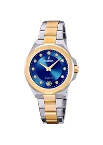 Festina , Quarzuhr »Mademoiselle«, Armbanduhr, Damenuhr, Edelstahlarmband, analog, Tag, Zirkonia (synth.) , silberfarben, goldfarben-blau , Edel...