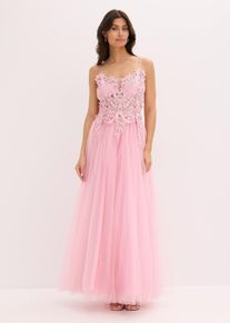 bonprix Mujer, Vestido largo de tul delicado con encaje, rosa, 46