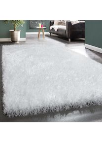 Paco Home , Hochflor-Teppich »Glamour 300« rechteckig 70 mm Höhe Uni Farben, mit weichem Glanz Garn, auch als Läufer erhältlich , weiß ,...