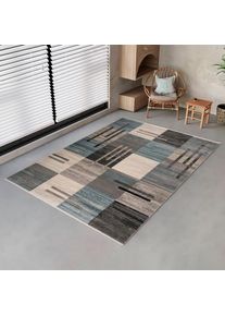 my home , Teppich »Beliz« rechteckig 9 mm Höhe mit Konturenschnitt, Kurzflor, 3D-Design, mit Fransen, Wohnzimmer , blau , Obermaterial: 100%...