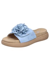 Rieker , Pantolette, Sommerschuh, Hausschuh, Strandschuh mit bequemem Fußbett , hellblau , 43 , 43 , Pantolette mit hübscher Blüte aus Textil