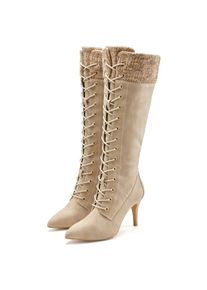 Lascana , Stiefel »Stiefelette, Langer Stiefel« mit spitz zulaufender Form und Strickeinsatz , beige , 41 , 41 , Hoher Stiefel mit modischem...