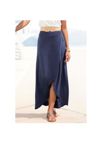 Lascana, Damen, Maxirock mit elastischem Bund aus Viskosejersey, Wickeloptik mit Schlitz, marine, 38, marine, Breiter doppellagiger Bund