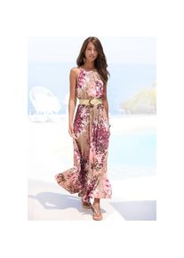 Lascana , Maxikleid, mit Alloverdruck, luftiges Sommerkleid, Strandkleid , taupe-beere bedruckt , N-Gr , 38 -N-Gr , 38 , Ausschnitt mit dezenter...