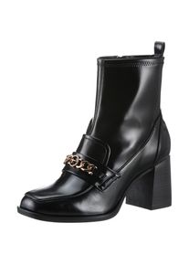 Tamaris , Stiefelette, Blockabsatz, Partyschuh mit eleganter Zierkette und Logoemblem , schwarz , 39 , 39 , Schicke Stiefelette in modischer...