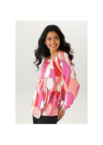 Aniston SELECTED , Carmenbluse, mit Rüschen am Ausschnitt , pink-weiß-lachs-schwarz-rot , 46 , 46 , Bluse aus gewebter Viskose
