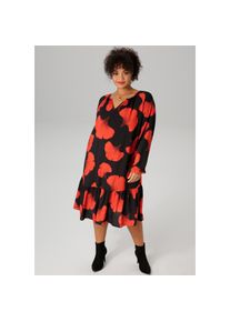Aniston PLUS , Sommerkleid, Mit großflächigem Blütendruck , schwarz-rot , N-Gr , 48 -N-Gr , 48 , Kleid aus weich fallender Viskose