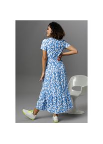 Aniston CASUAL, Damen, Wickelkleid mit graphischen Bl&auml;tterdruck, blau-wei&szlig;, N-Gr, 48 -N-Gr, blau-wei&szlig;, Damenkleid mit Volant am Saum