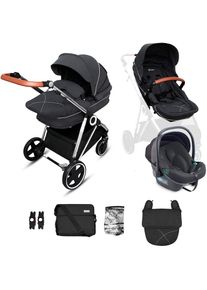 BABYGO , Kombi-Kinderwagen »Halime 3in1«, inklusive Babywanne, Babyschale, Regenhaube & Wickeltasche , Anthracite Silver
