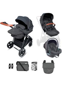 BABYGO , Kombi-Kinderwagen »Halime 3in1«, inklusive Babywanne, Babyschale, Regenhaube & Wickeltasche , Grey Black