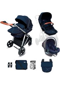 BABYGO , Kombi-Kinderwagen »Halime 3in1«, inklusive Babywanne, Babyschale, Regenhaube & Wickeltasche , Blue Silver