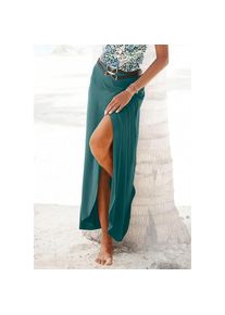 Lascana, Damen, Maxirock mit elastischem Bund aus Viskosejersey, Wickeloptik mit Schlitz, petrol, 36, petrol, Breiter doppellagiger Bund