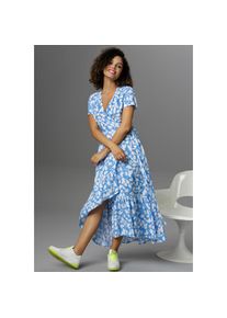 Aniston CASUAL , Wickelkleid mit graphischen Blätterdruck , blau-weiß , N-Gr , 38 -N-Gr , 38 , Damenkleid mit Volant am Saum