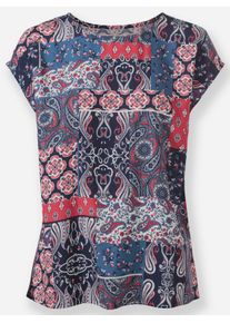 Damen Druckbluse mit U-Boot-Ausschnitt in marine-erdbeere-bedruckt ,Gr&ouml;&szlig;e 40, WITT, 100% Viskose