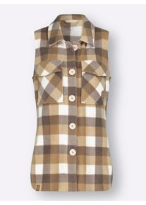 Dames Fleecegilet met klepzakken in camel/ecru geruit ,maat 36, WITT, 100% Polyester