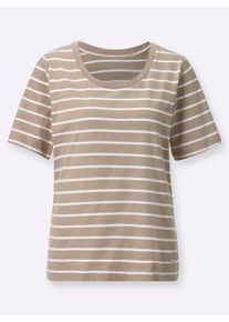 Dames Streepjesshirt met korte mouwen in beige/wit gestreept ,maat 36, WITT, 100% Katoen
