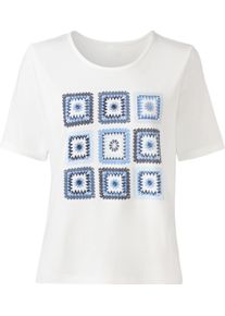 Dames Shirt met ronde hals en op dessin geplaatste print in ecru/jeansblauw bedrukt ,maat 40, WITT, 95% Viscose, 5% Elastan