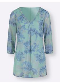 Damen Tunika mit Volant am V-Ausschnitt in kalkmint-rauchblau-bedruckt ,Größe 36, WITT, 100% Polyester