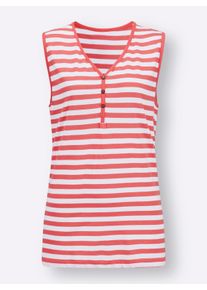 Damen Ringelshirt mit Zierknopfleiste in koralle-wei&szlig;-geringelt ,Gr&ouml;&szlig;e 54, WITT, 100% Baumwolle