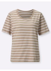 Damen Ringelshirt mit Kurzarm in beige-weiß-geringelt ,Größe 36, WITT, 100% Baumwolle