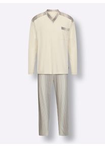 Götting Heren Pyjama in champagne/grijs gestreept ,maat 66, Witt, 100% Katoen