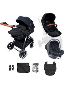 BABYGO Kombi-Kinderwagen »Halime 3in1« inklusive Babywanne, Babyschale, Regenhaube & Wickeltasche in schwarz