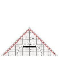 Desenho de um triângulo de 25 cm transparente, escala com fundo vermelho, 180° - 1°, linha de 45°, ângulos marcados 7°, 42°, 75°