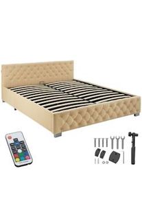 TecTake Cama tapizada con tiras LED y espacio de almacenamiento - beige, 180 x 200 cm - 405978