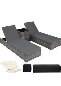 TecTake 2 tumbonas de polirratán con estructura de aluminio y mesa - gris - 403088