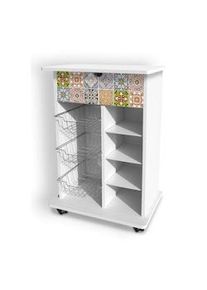 LUPIA Carrello da Cucina in Legno Bianco con Cassetto Decorato e Ripiani Multifunzionali 57x36x86 cm Tiles