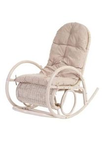 Mendler Sedia a dondolo Esmeraldas, poltrona in rattan, bianco ~ cuscino crema
