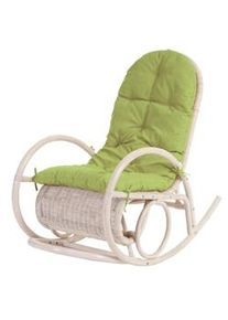 Mendler Sedia a dondolo Esmeraldas, poltrona in rattan, bianco ~ cuscino verde