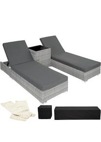 TecTake 2 tumbonas de polirratán con estructura de aluminio y mesa gris claro - 403770