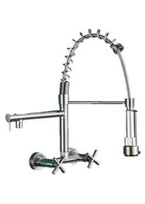 KLARWERK Bjorn | Rubinetto da parete gastronomia argent Rubinetto cucina professionale in acciaio inox con due doccette|doppio lavello da parete