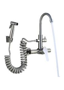 KLARWERK JULIE | rubinetto miscelatore da parete catering argento | professionale da cucina in acciaio inox con doccetta | ristorante da parete bocca