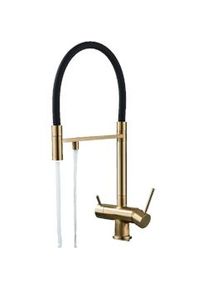 KLARWERK Lana | Rubinetto allungabile nero oro a 3 vie |Miscelatore cucina per acqua potabile in acciaio inossidabile - Girevole a 360° | Filtra 3