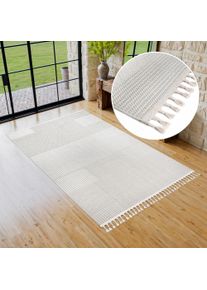 my home Teppich »Nathan« rechteckig 6 mm Höhe Woll-Optik, Hoch-Tief Struktur, In- und Outdoor geeignet, mit Fransen in beige