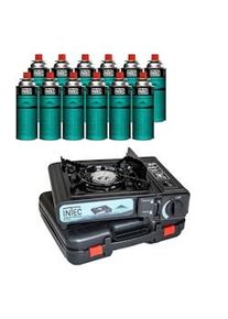 Estufa de gas portátil 2200W + 12 cartuchos de gas butano - Viajes por carretera Estuche Piezo Etna INTEC