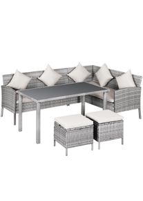 Outsunny 5 PCs Patio Rattan Dining Set Corner Sofa 6 Seater Wicker Foot Stool Dining Table White Cushions Mixed Grey | Aosom Ireland