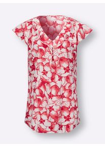 Dames Lange blouse met volant bij de V-hals in ecru/langoustine bedrukt ,maat 38, WITT, 100% Polyester