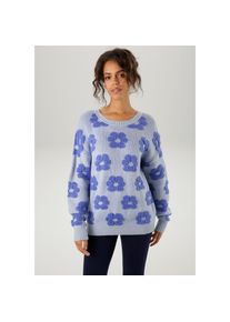 Aniston CASUAL , Strickpullover, mit aufgestrickten Blüten , hellblau-blau , 42 , 42 , Pullover aus weichem Jacquard-Strick