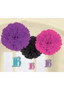 Amscan 3 pompons décoratifs Sweet Sixteen