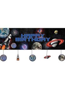 Bannière de joyeux anniversaire Space Party avec étiquettes 1,5 m