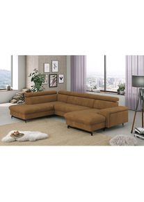 COTTA, Wohnlandschaft &raquo;Emma U-Form&laquo; mit Kopfteilverstellung, wahlweise mit Bettfunktion & Bettkasten, cognac, B/H/T: 328 cm x 97 cm x 215 cm, cognac