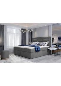 Mid.you Boxbett , Grau , Holz , H3 , Höhe ca. 15 cm , 180x200 cm , Bettkasten, gepolstertes Kopfteil, Topper durchgehend , Schlafzimmer, Betten, Boxspringbetten