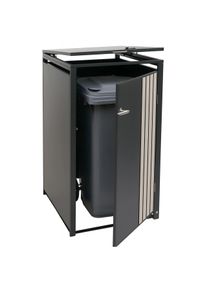 1er-Mülltonnenverkleidung HWC-O67, Mülltonnenbox mit Deckel, Metall 122x68x84cm 35kg ~ anthrazit Holzoptik hell