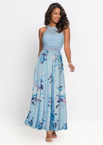 Gebloemde maxi zomerjurk met een kanten lijfje - blauw - maat 34 - bonprix