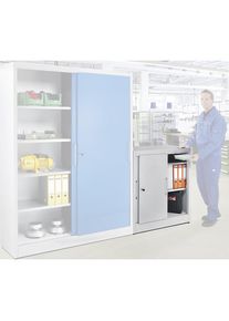 eurokraft pro Schuifdeurkast hoogte 1000 mm, met 2 legborden, diepte 420 mm, deurkleur lichtblauw RAL 5012
