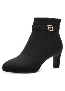 Tamaris , Stiefelette Trichterabsatz, Abendschuh mit elegantem Zierriemchen mit Logoemblem , schwarz , 39 , 39 , Stiefelette in veganer Verarbeitung